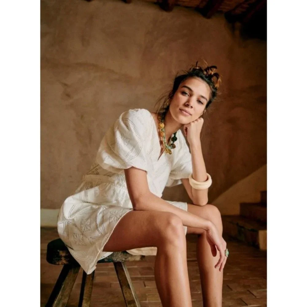 Sézane Livy Dress Parisian Ecru Off White Mix Woven Lace Short Puff Sleeve Mini - Picture 6 of 15